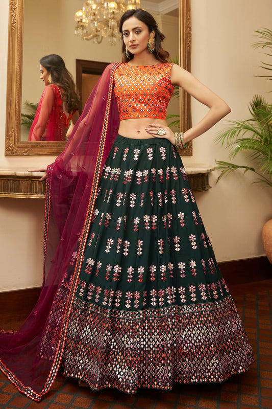 Dark Green Pakistani Georgette Lehenga Choli For Indian Festivals & Weddings - Sequence Embroidery Work, Thread Embroidery Work,