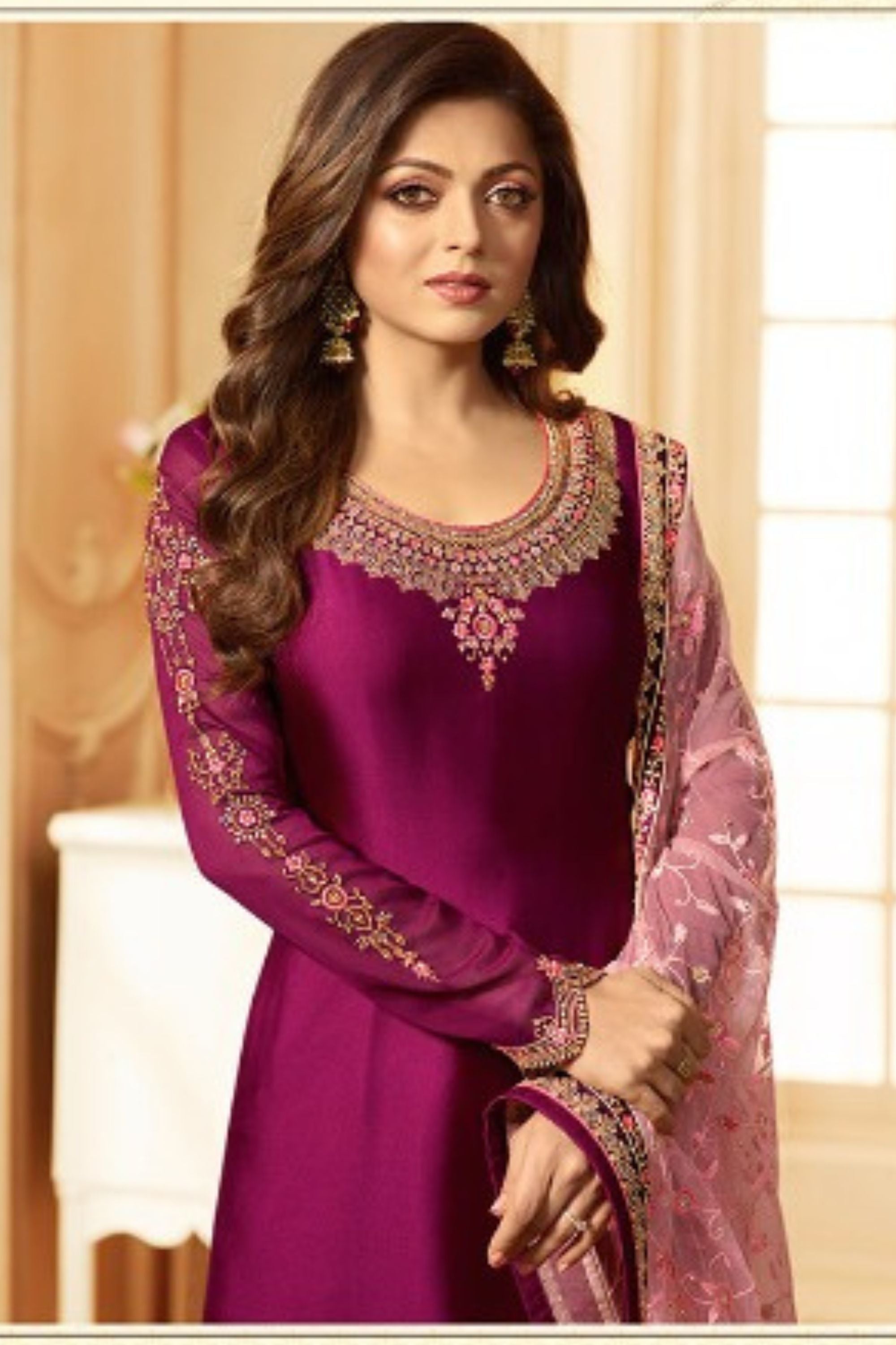 Dark Pink Pakistani Georgette Salwar Kameez For Wedding & Festival - Embroidery Work