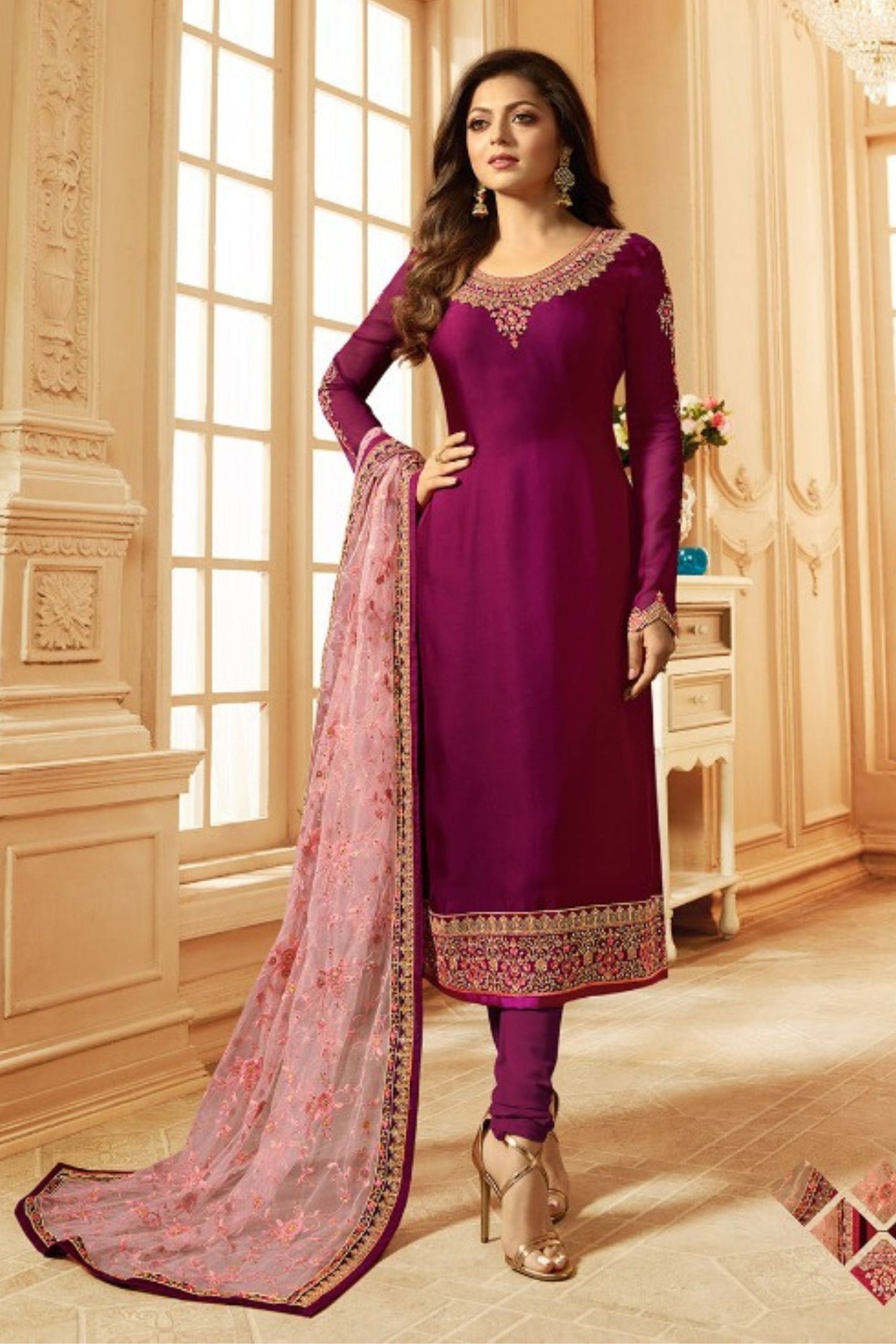 Dark Pink Pakistani Georgette Salwar Kameez For Wedding & Festival - Embroidery Work