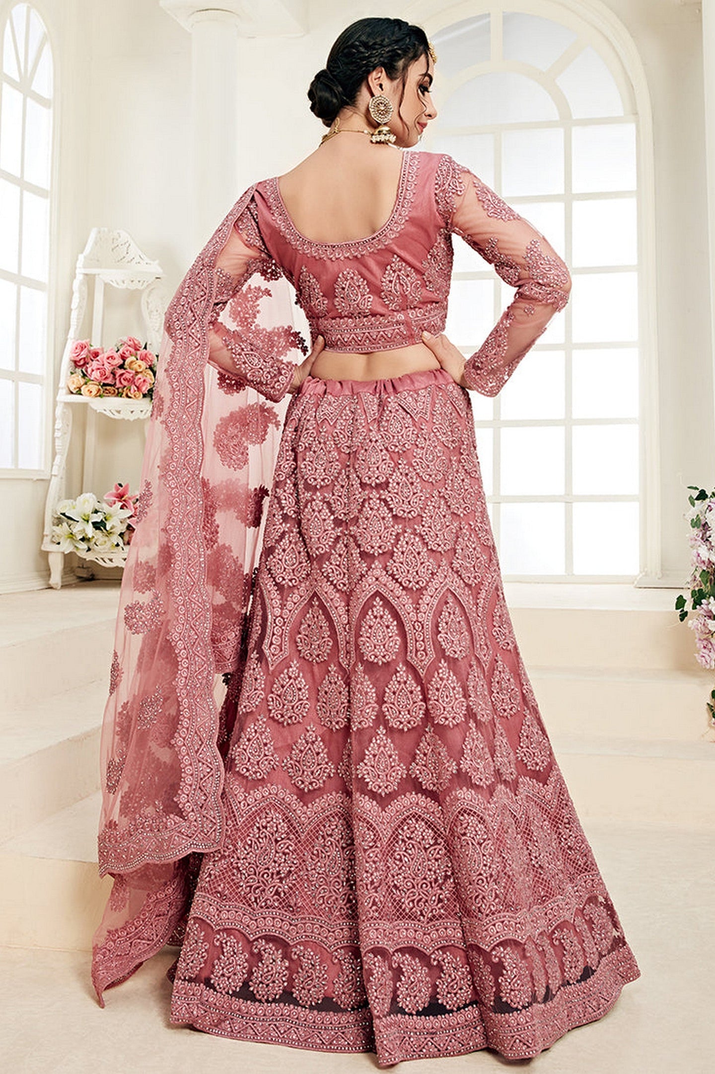 Dark Pink Pakistani Net Lehenga Choli For Indian Festivals & Weddings - Thread Embroidery Work, Codding Embroidery Work, Stone Work