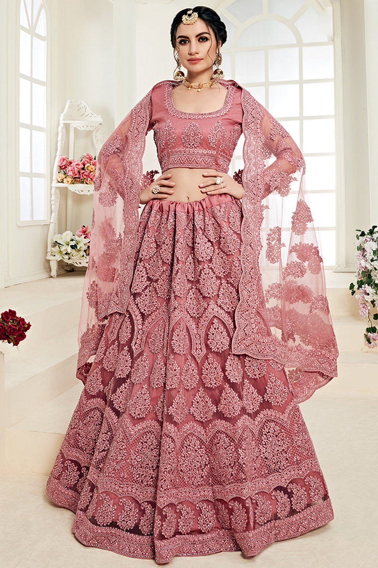 Dark Pink Pakistani Net Lehenga Choli For Indian Festivals & Weddings - Thread Embroidery Work, Codding Embroidery Work, Stone Work