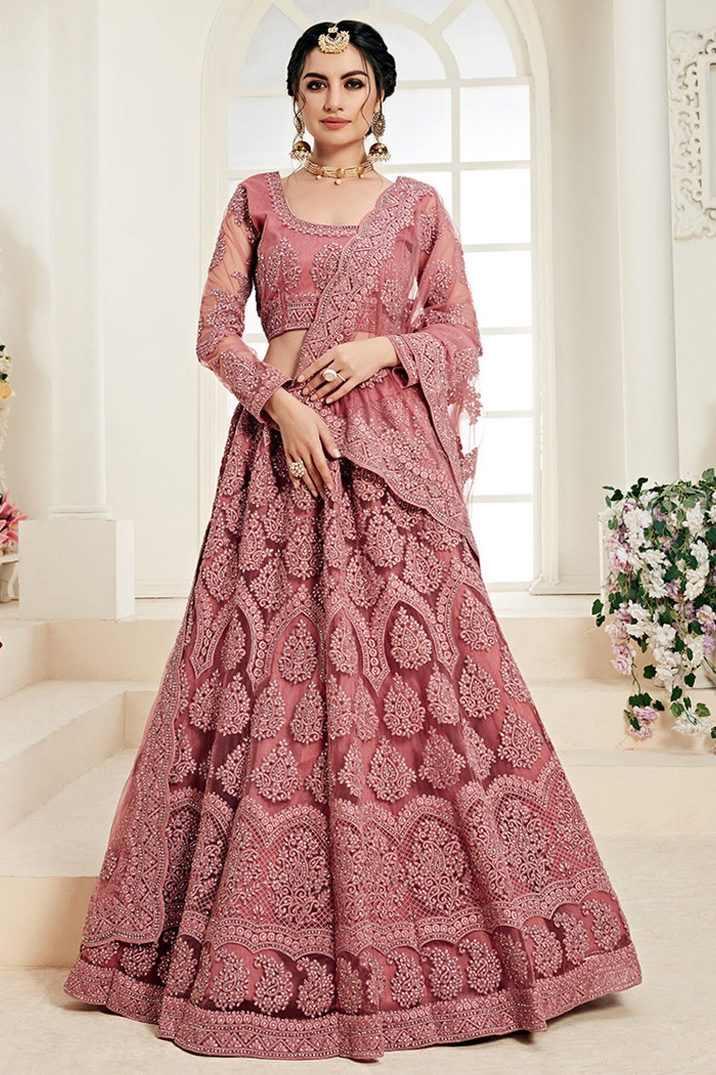 Dark Pink Pakistani Net Lehenga Choli For Indian Festivals & Weddings - Thread Embroidery Work, Codding Embroidery Work, Stone Work