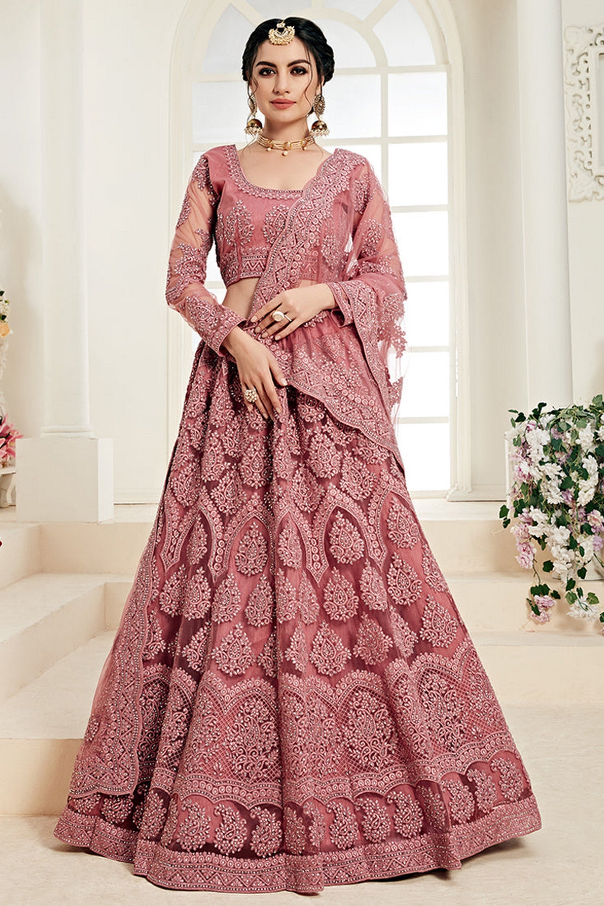 Dark Pink Pakistani Net Lehenga Choli For Indian Festivals & Weddings - Thread Embroidery Work, Codding Embroidery Work, Stone Work
