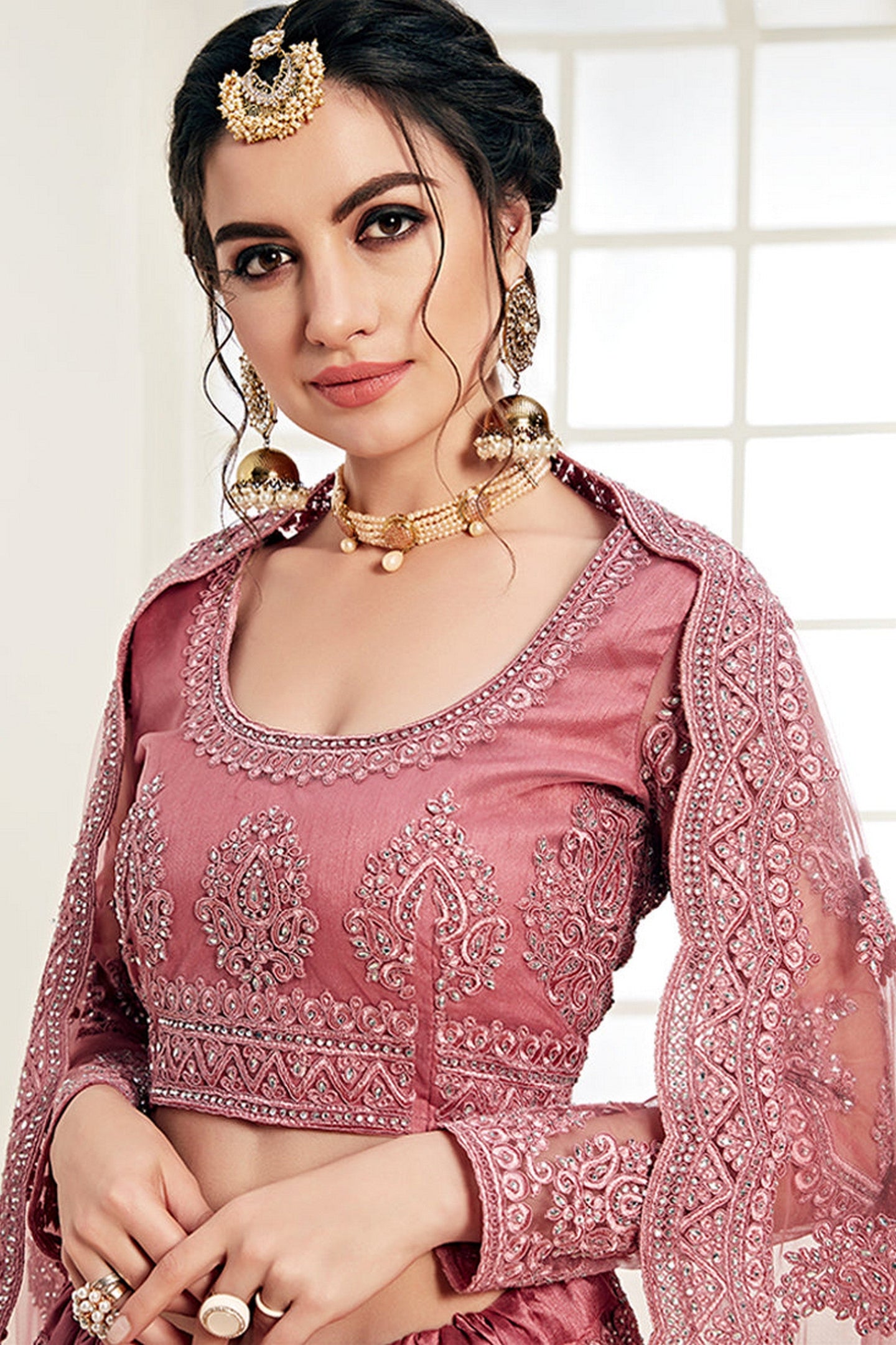 Dark Pink Pakistani Net Lehenga Choli For Indian Festivals & Weddings - Thread Embroidery Work, Codding Embroidery Work, Stone Work