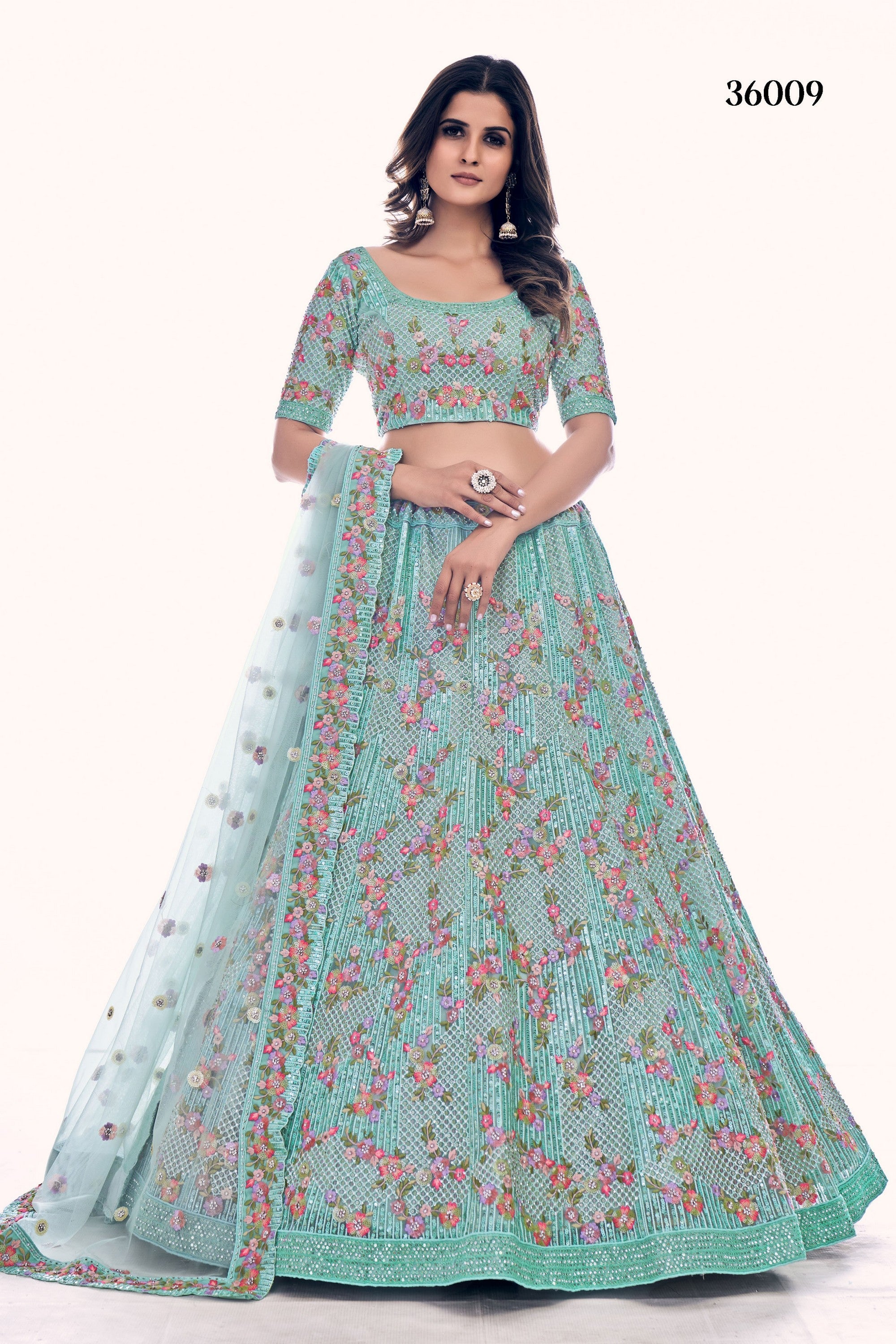 Firozi Pakistani Net Lehenga Choli For Indian Festival & Weddings - Sequence Embroidery Work, Thread Embroidery Work, Dori Work, Zarkan Work