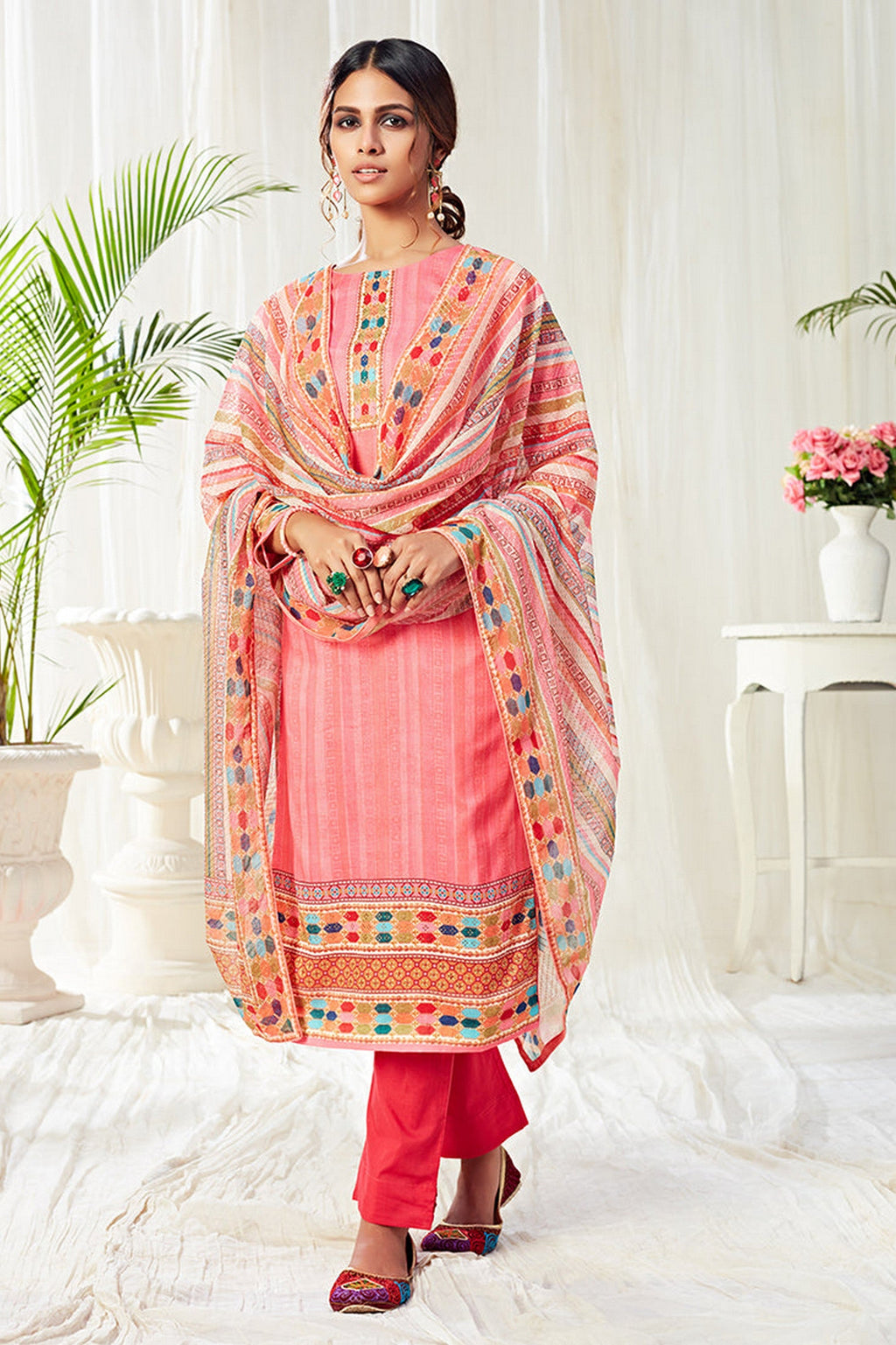 Gajri Pakistani Cotton Salwar Kameez For Indian Festivals & Weddings - Print Work, Sequence Embroidery Work,
