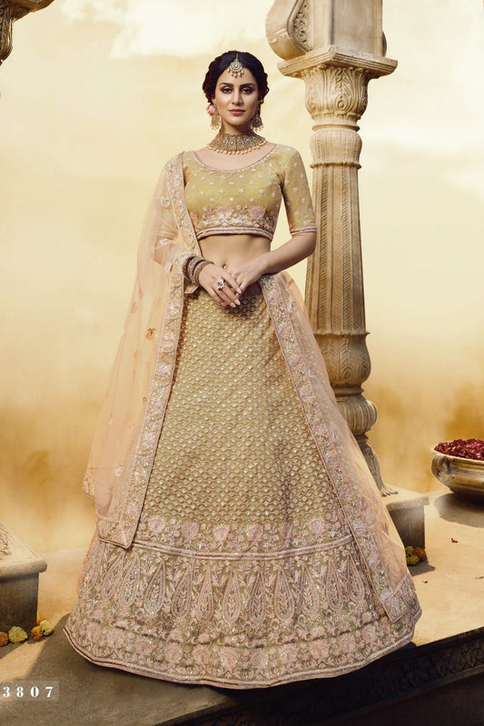 Golden Pakistani Gota Silk Lehenga Choli For Indian Festivals & Weddings - , Aari Work, Pearl Work