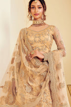 Golden Pakistani Net Lehenga Choli For Indian Festivals & Weddings - Thread Embroidery Work, Codding Embroidery Work, Butta Work, Stone Work