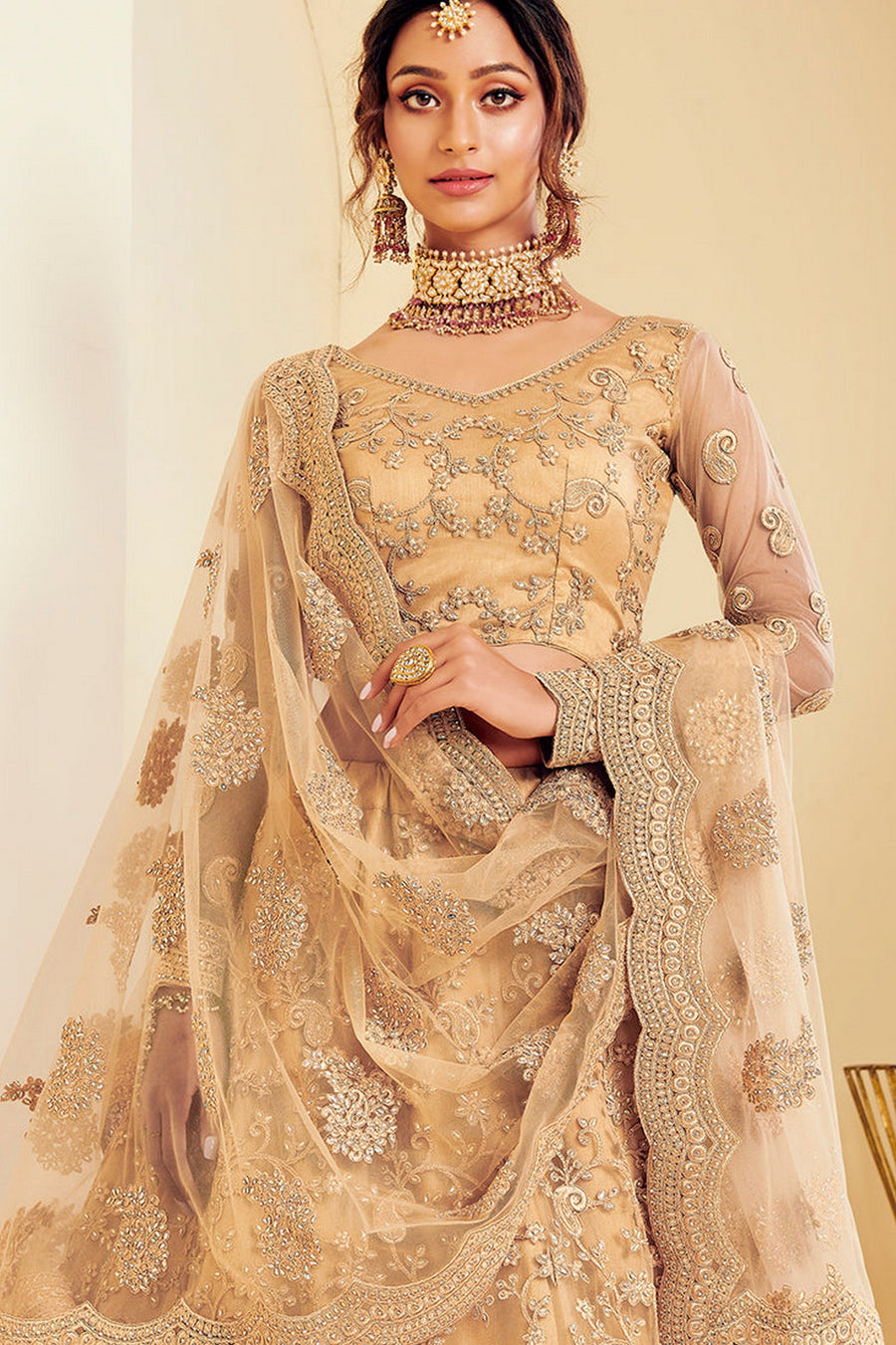 Golden Pakistani Net Lehenga Choli For Indian Festivals & Weddings - Thread Embroidery Work, Codding Embroidery Work, Butta Work, Stone Work