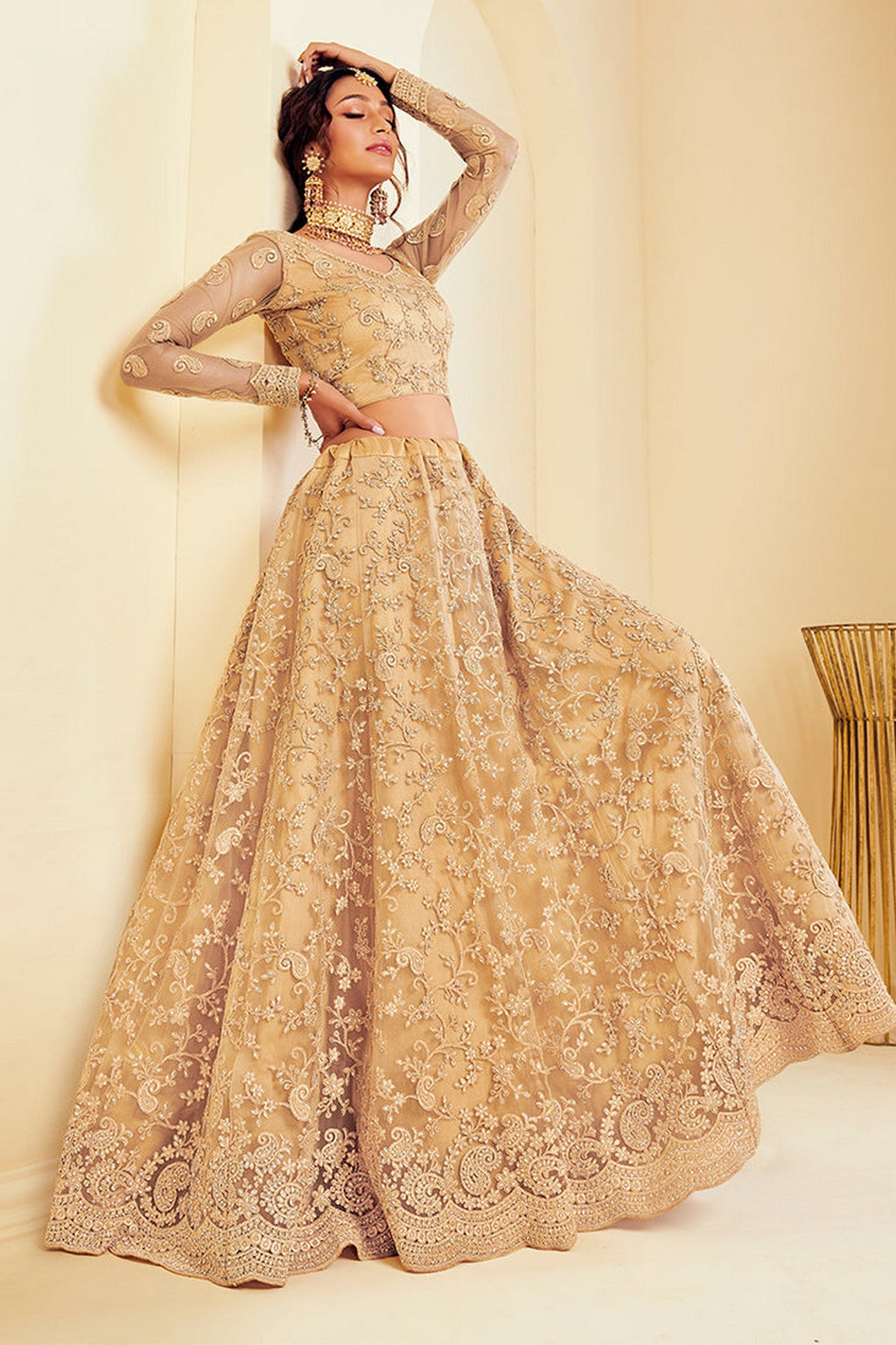 Golden Pakistani Net Lehenga Choli For Indian Festivals & Weddings - Thread Embroidery Work, Codding Embroidery Work, Butta Work, Stone Work