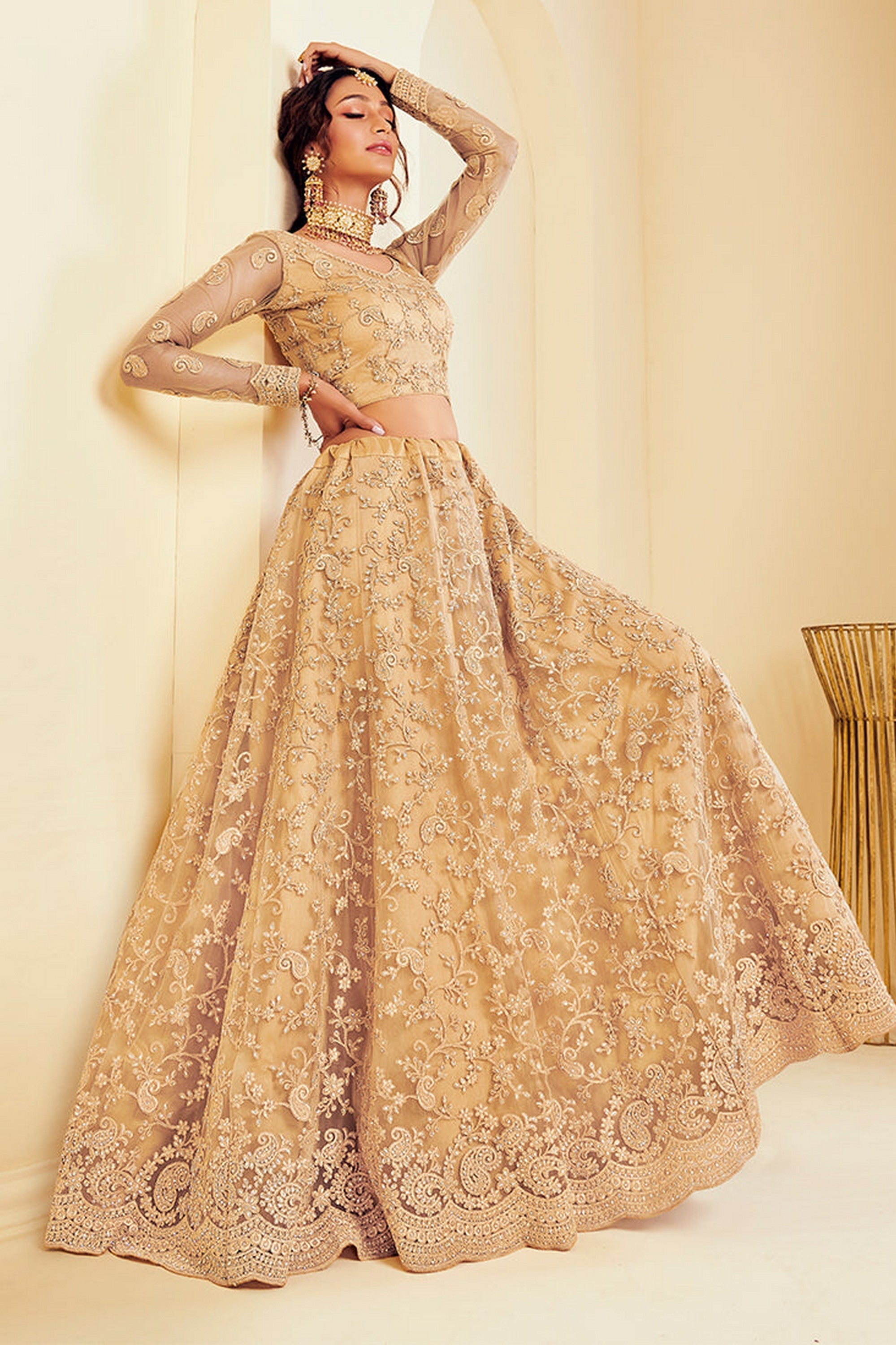 Golden Pakistani Net Lehenga Choli For Indian Festivals & Weddings - Thread Embroidery Work, Codding Embroidery Work, Butta Work, Stone Work