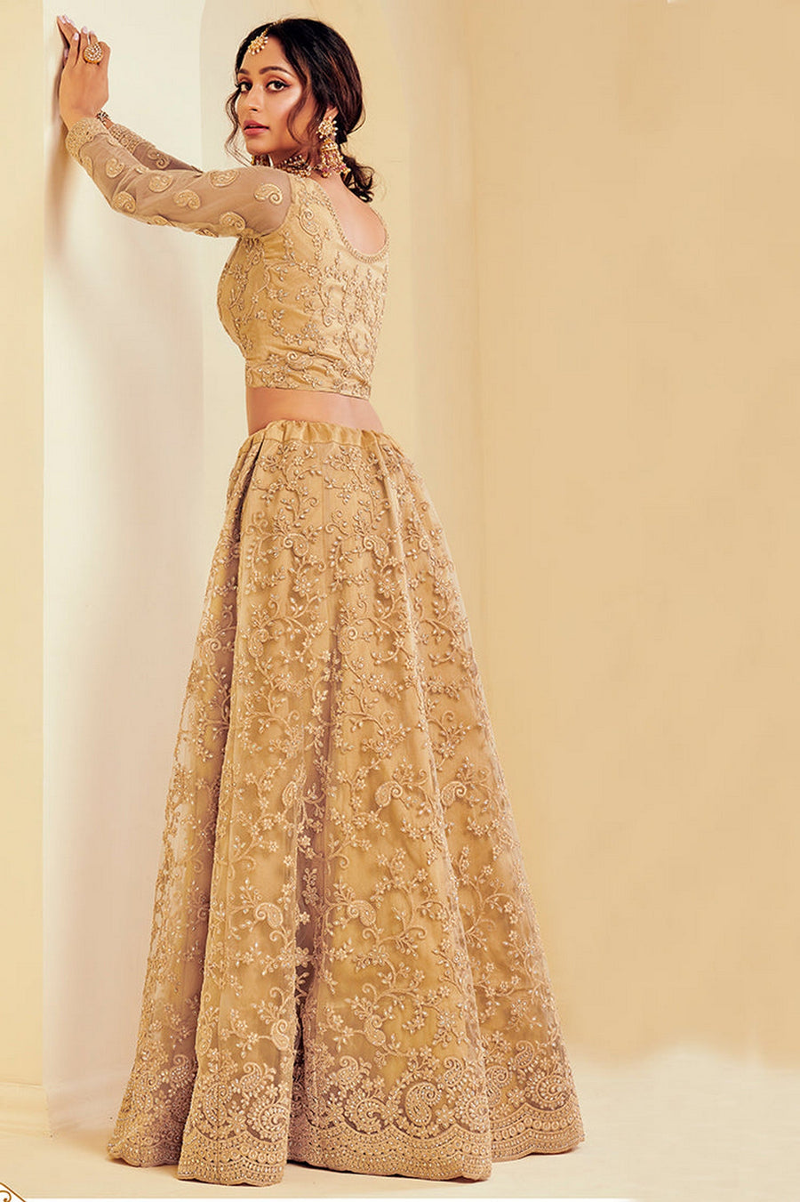 Golden Pakistani Net Lehenga Choli For Indian Festivals & Weddings - Thread Embroidery Work, Codding Embroidery Work, Butta Work, Stone Work