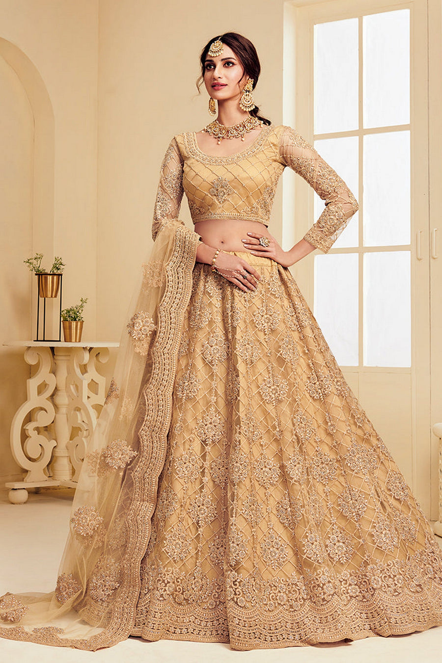 Golden Pakistani Net Lehenga Choli For Indian Festivals & Weddings - Thread Embroidery Work, Codding Embroidery Work, Stone Work