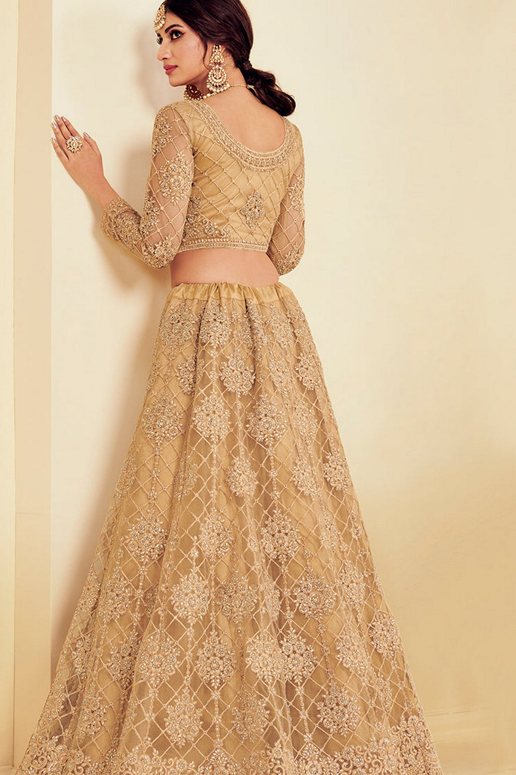 Golden Pakistani Net Lehenga Choli For Indian Festivals & Weddings - Thread Embroidery Work, Codding Embroidery Work, Stone Work