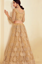 Golden Pakistani Net Lehenga Choli For Indian Festivals & Weddings - Thread Embroidery Work, Codding Embroidery Work, Stone Work
