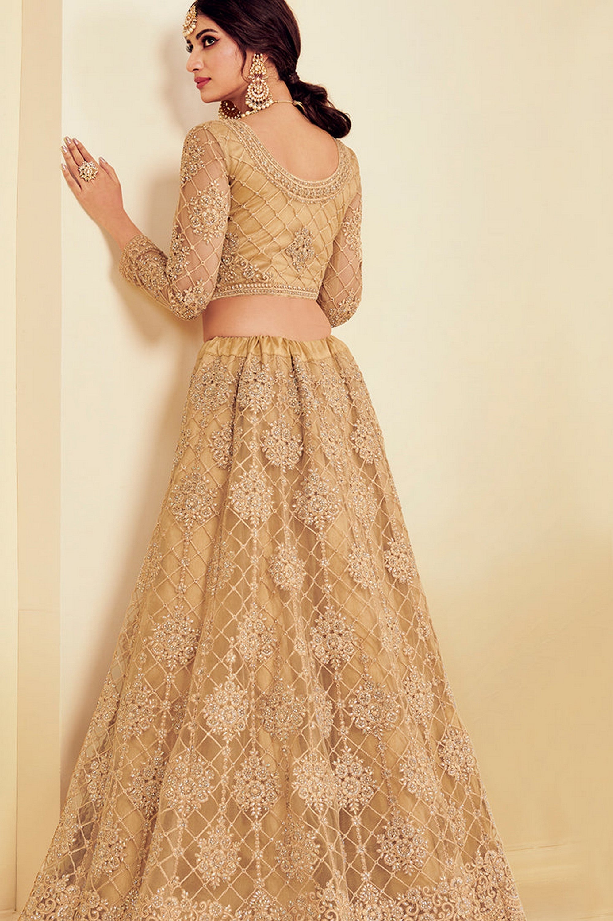 Golden Pakistani Net Lehenga Choli For Indian Festivals & Weddings - Thread Embroidery Work, Codding Embroidery Work, Stone Work