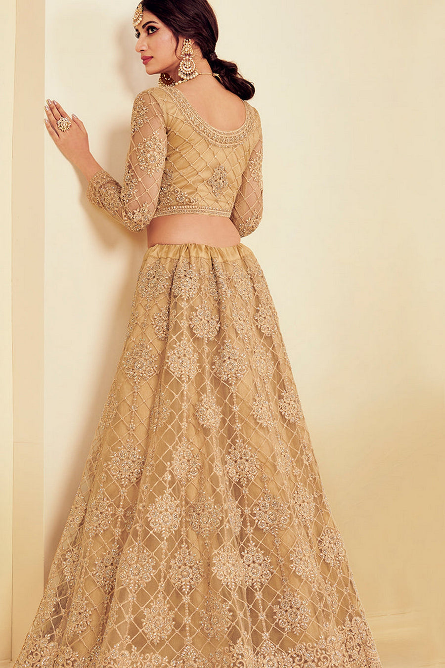 Golden Pakistani Net Lehenga Choli For Indian Festivals & Weddings - Thread Embroidery Work, Codding Embroidery Work, Stone Work