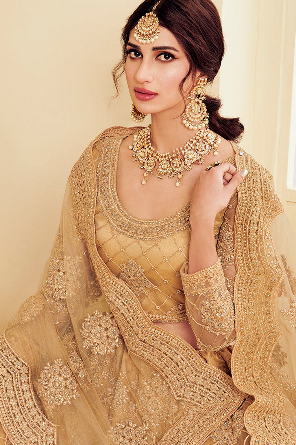 Golden Pakistani Net Lehenga Choli For Indian Festivals & Weddings - Thread Embroidery Work, Codding Embroidery Work, Stone Work