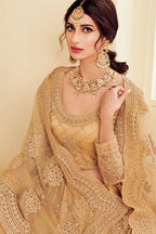 Golden Pakistani Net Lehenga Choli For Indian Festivals & Weddings - Thread Embroidery Work, Codding Embroidery Work, Stone Work