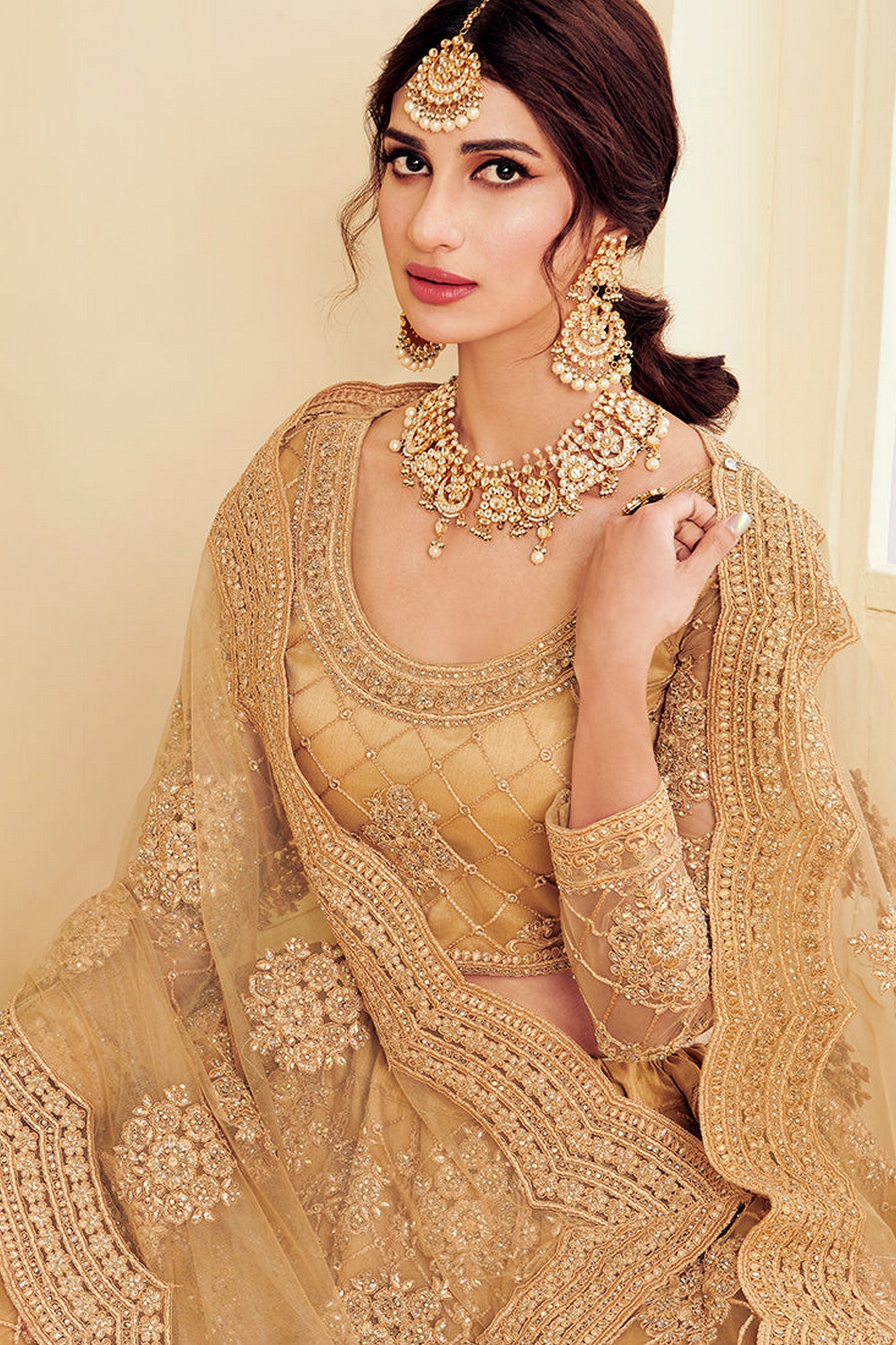 Golden Pakistani Net Lehenga Choli For Indian Festivals & Weddings - Thread Embroidery Work, Codding Embroidery Work, Stone Work