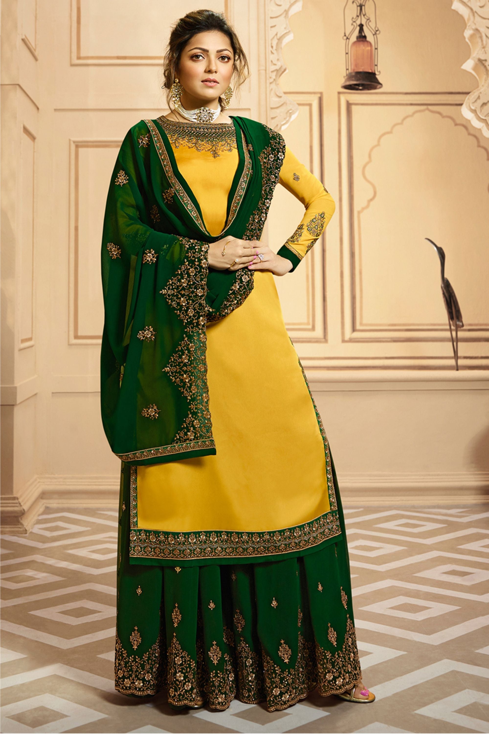 Golden Pakistani Satin Georgette Salwar Kameez For Wedding & Festival - Embroidery Work