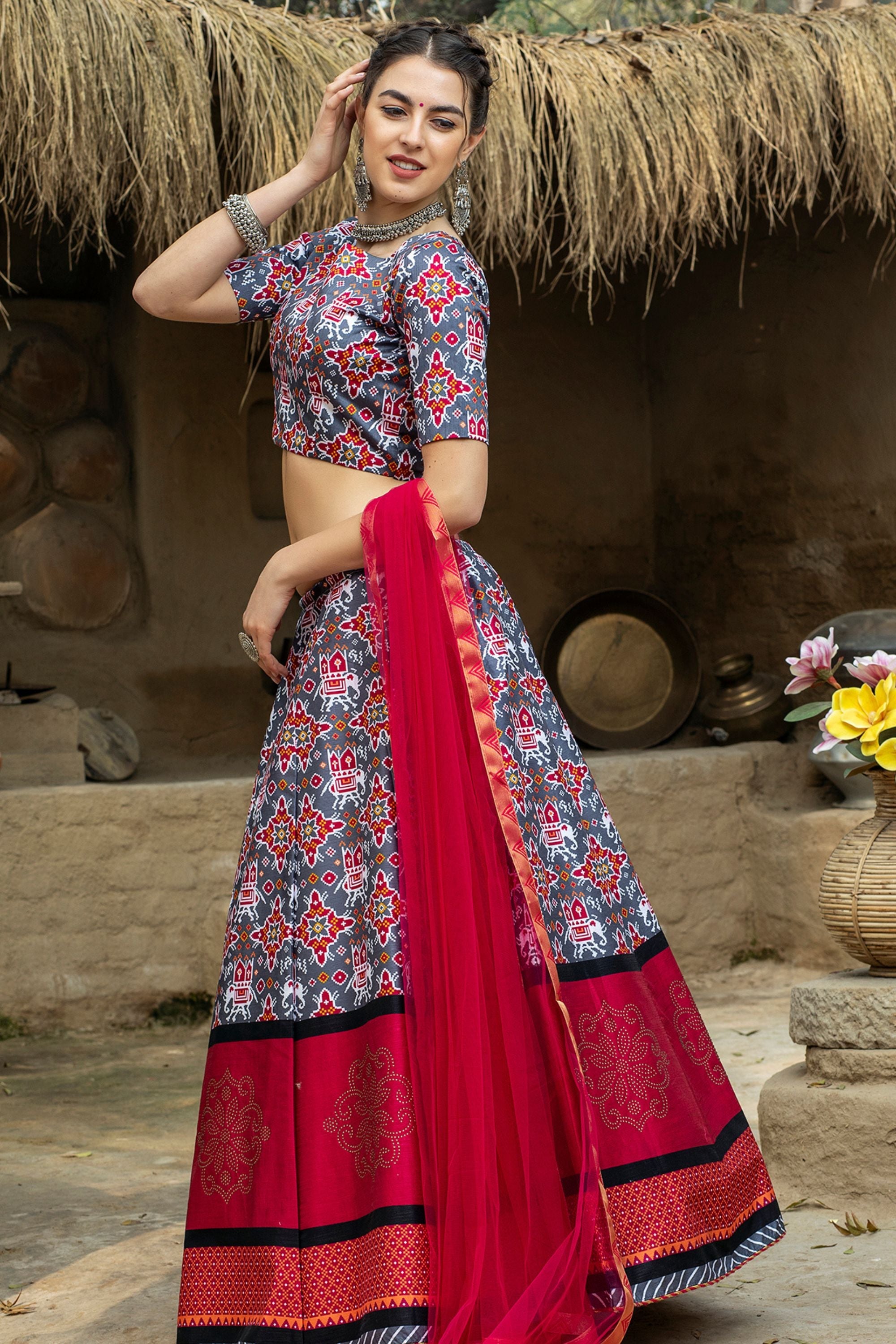 Wedding Wear Grey & Red Banarasi Lehenga with Ready made Blouse  onlineshopping store in India - RJ Fashion