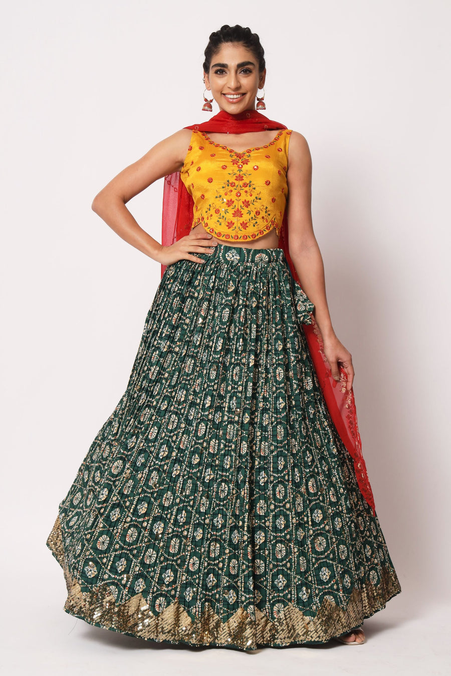 Green Art Silk Printed Lehenga Choli For Indian Festivals & Weddings - Print Work, Sequence Embroidery Work, Thread Embroidery Work,