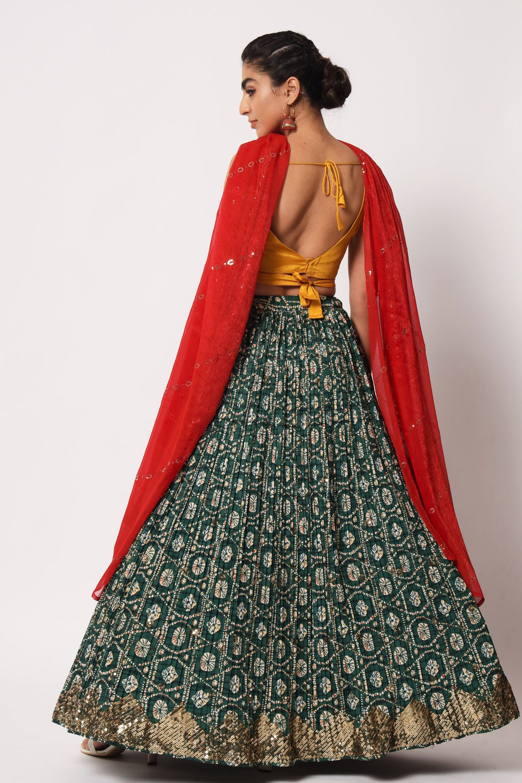 Green Art Silk Printed Lehenga Choli For Indian Festivals & Weddings - Print Work, Sequence Embroidery Work, Thread Embroidery Work,