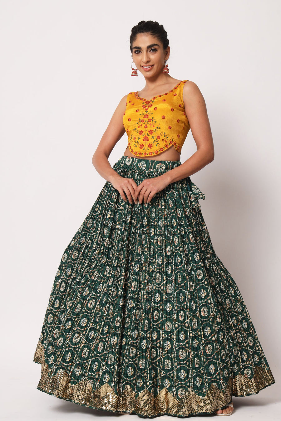 Green Art Silk Printed Lehenga Choli For Indian Festivals & Weddings - Print Work, Sequence Embroidery Work, Thread Embroidery Work,