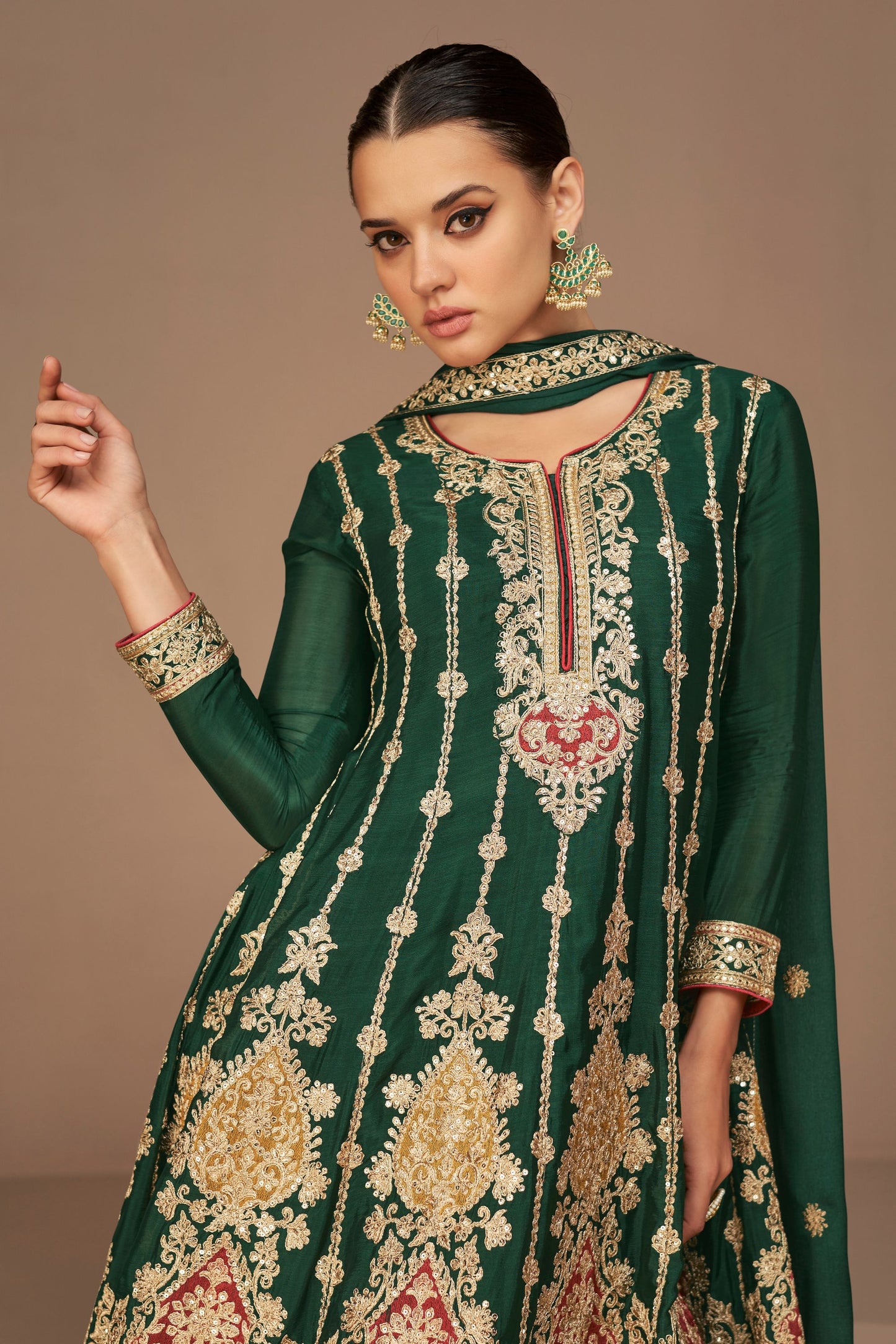 Green Pakistani Chinon Salwar Kameez For Indian Festivals & Weddings - Thread Embroidery Work,