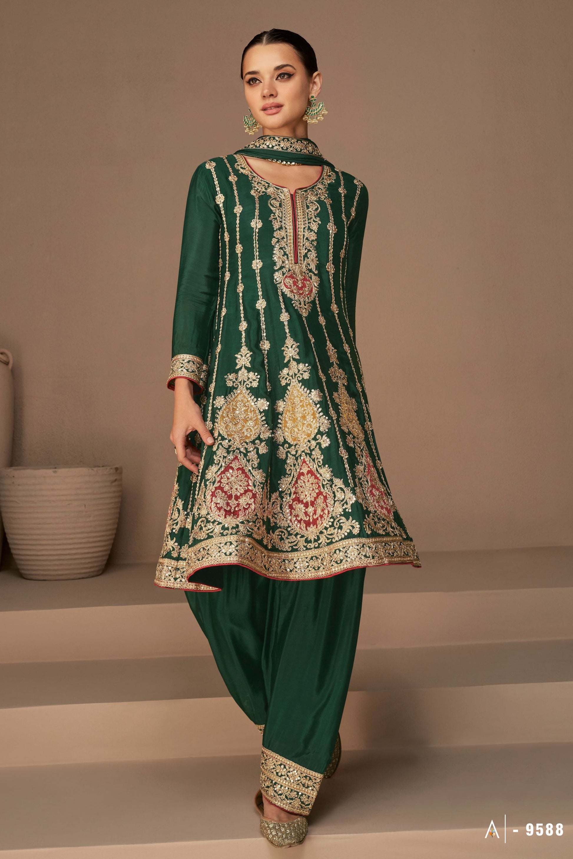 Green Pakistani Chinon Salwar Kameez For Indian Festivals & Weddings - Thread Embroidery Work,