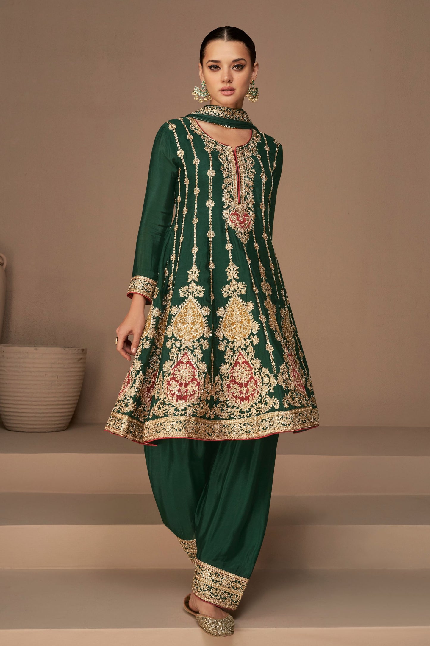 Green Pakistani Chinon Salwar Kameez For Indian Festivals & Weddings - Thread Embroidery Work,