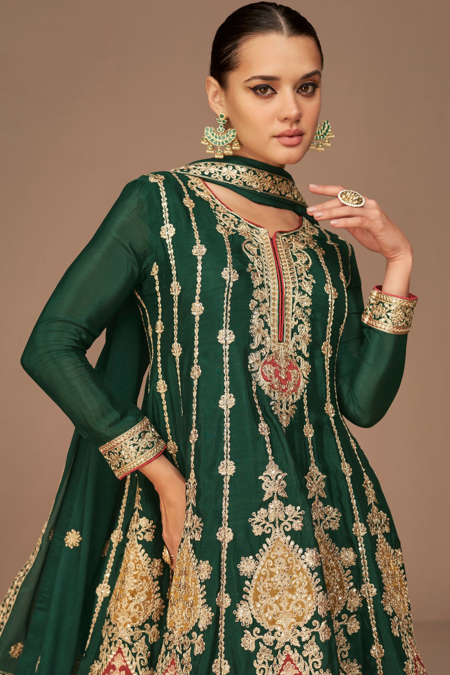 Green Pakistani Chinon Salwar Kameez For Indian Festivals & Weddings - Thread Embroidery Work,