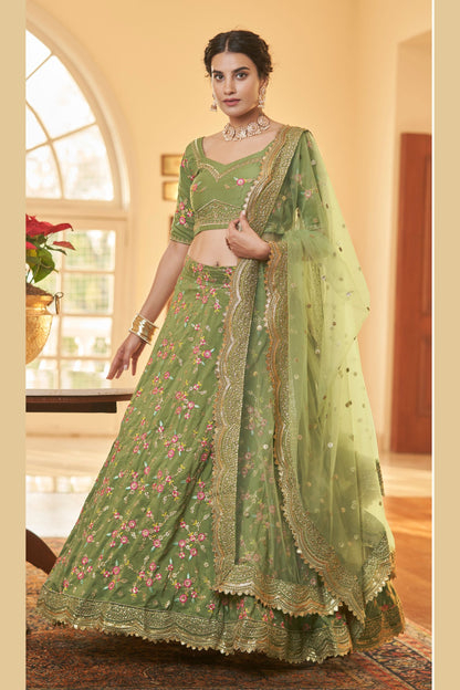 Green Pakistani Chinon Floral Embroidered Lehenga Choli For Indian Festivals & Weddings - Sequence Embroidery Work, Thread Embroidery Work, Zari Work