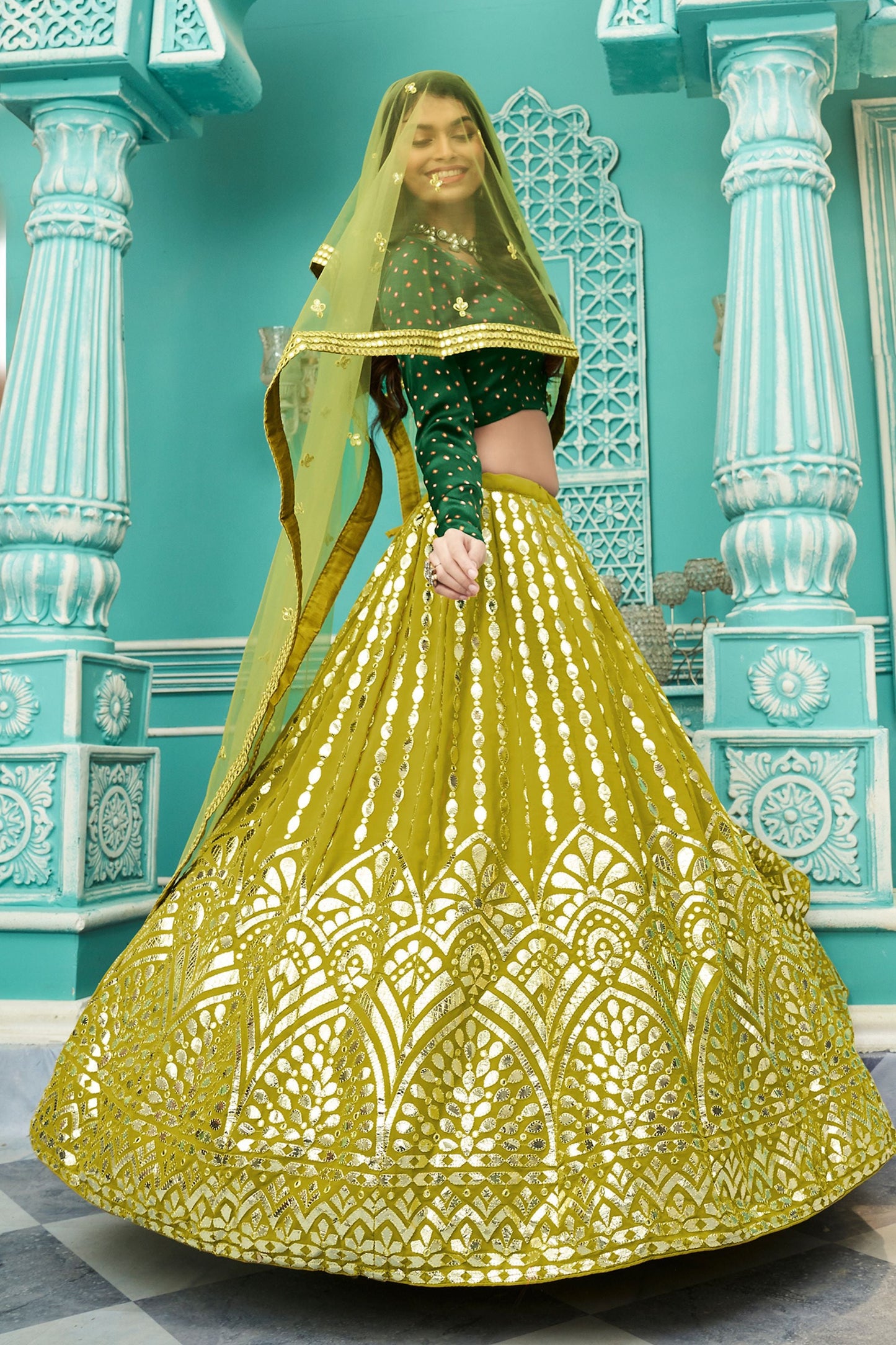 Green Pakistani Georgette Lehenga Choli For Indian Festivals & Weddings - Sequence Embroidery Work, Gotta Patti Work