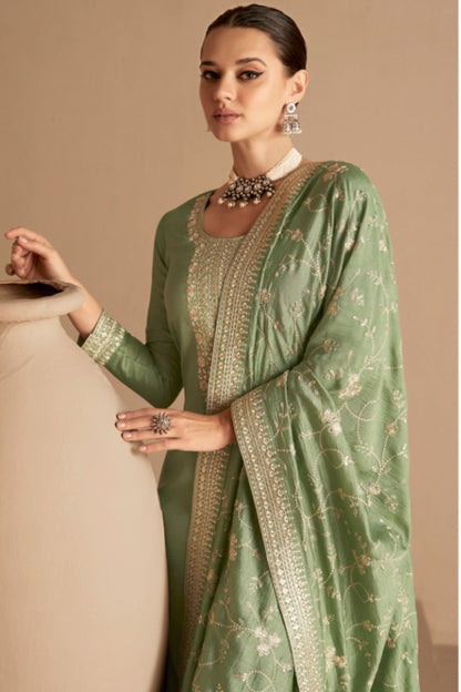 Green Pakistani Silk Salwar Kameez For Indian Festivals & Weddings - Thread Embroidery Work,