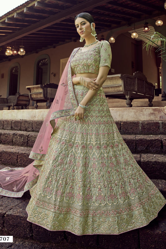 Green Pakistani Georgette Lehenga Choli For Indian Festivals & Weddings - Resham Embroidery Work,
