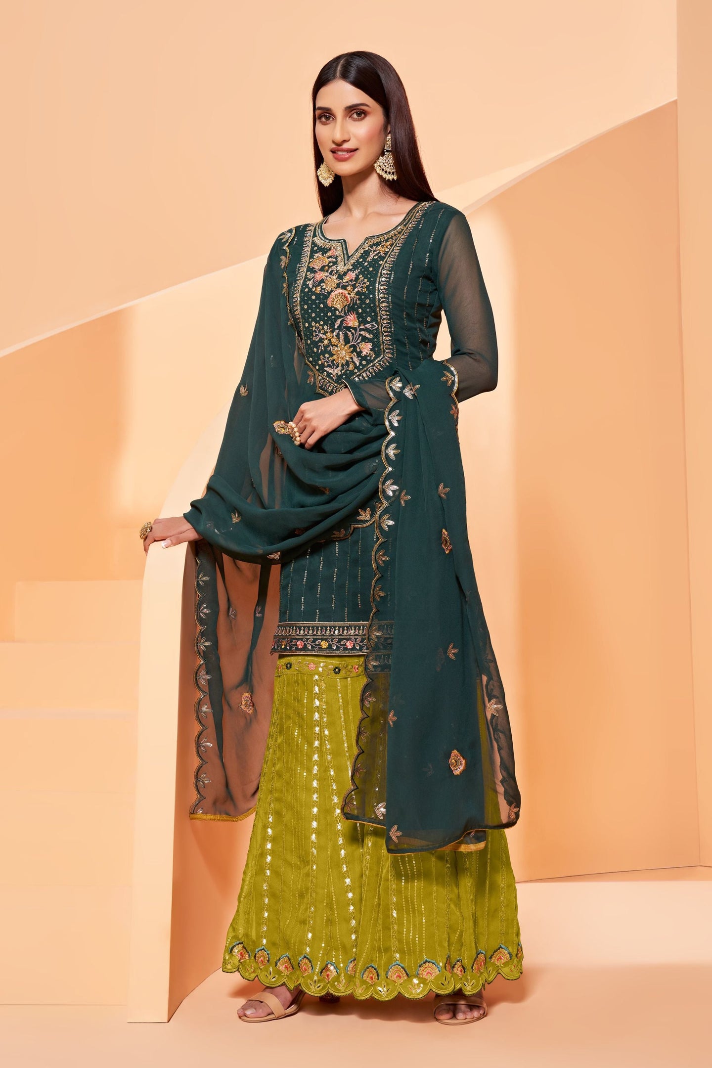Green Pakistani Georgette Sharara For Indian Festivals & Weddings - Thread Embroidery Work, Zari Work, Khatli Work, Sequence Embroidery Work