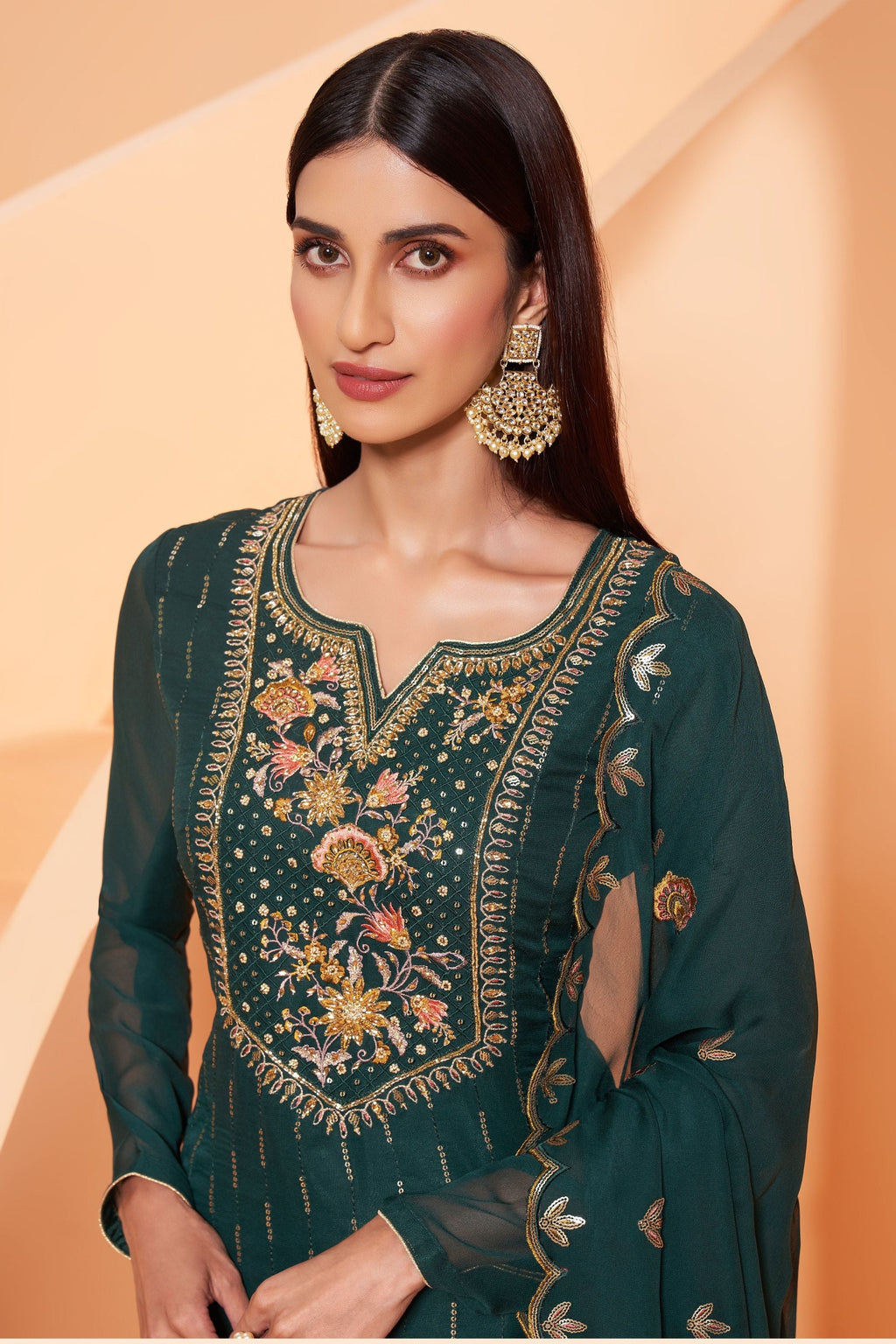 Green Pakistani Georgette Sharara For Indian Festivals & Weddings - Thread Embroidery Work, Zari Work, Khatli Work, Sequence Embroidery Work