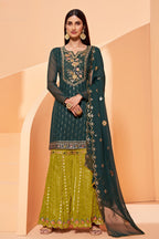 Green Pakistani Georgette Sharara For Indian Festivals & Weddings - Thread Embroidery Work, Zari Work, Khatli Work, Sequence Embroidery Work