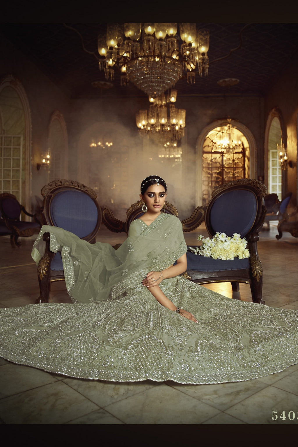 Green Pakistani Net Lehenga Choli For Indian Festivals & Weddings - , Dori Work, Zarkan Work