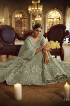 Green Pakistani Net Lehenga Choli For Indian Festivals & Weddings - , Dori Work, Zarkan Work