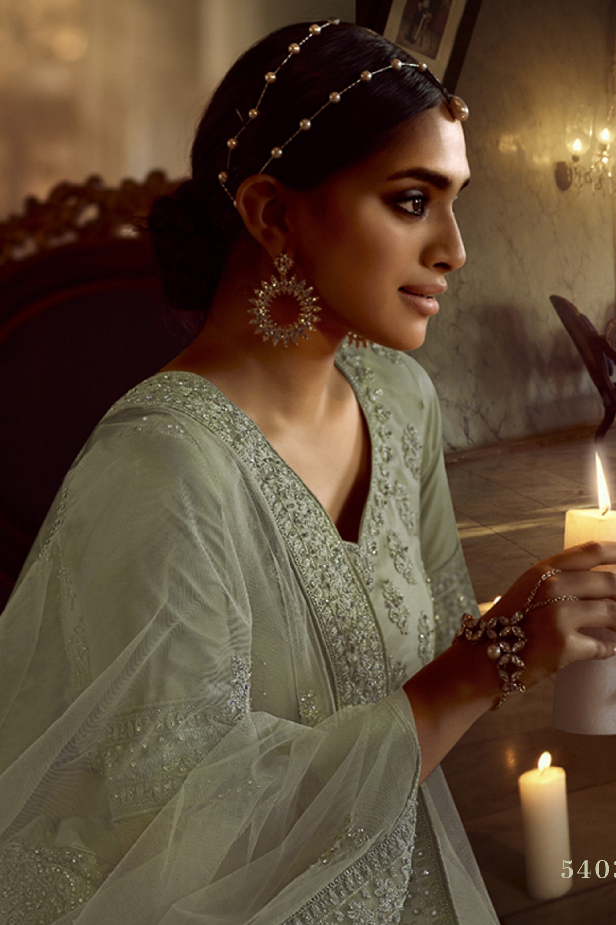 Green Pakistani Net Lehenga Choli For Indian Festivals & Weddings - , Dori Work, Zarkan Work