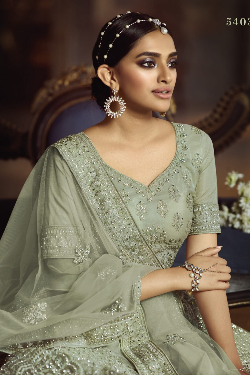 Green Pakistani Net Lehenga Choli For Indian Festivals & Weddings - , Dori Work, Zarkan Work