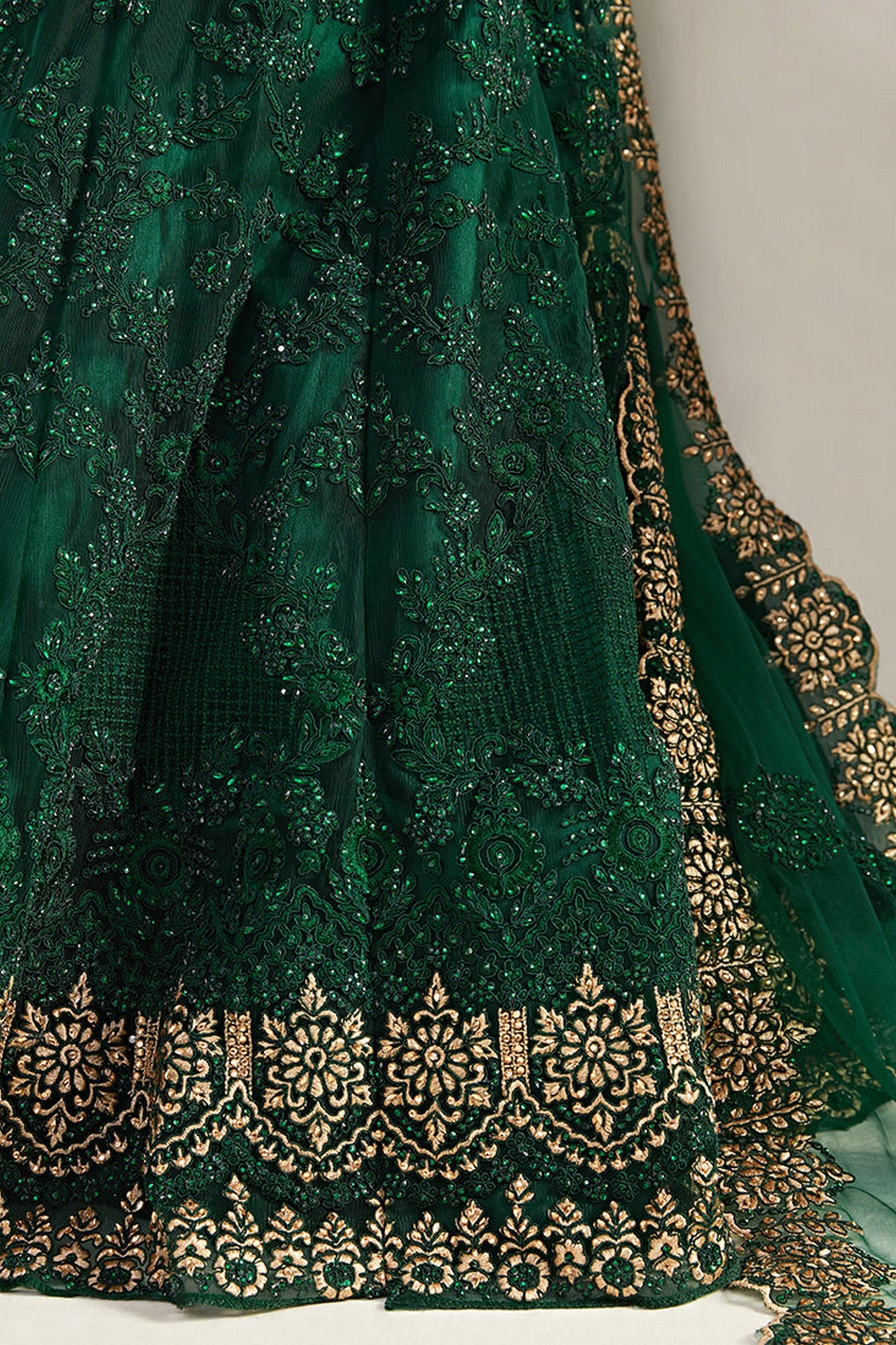 Green Pakistani Net Lehenga Choli For Indian Festivals & Weddings - Thread Embroidery Work, Codding Embroidery Work, Butta Work, Stone Work