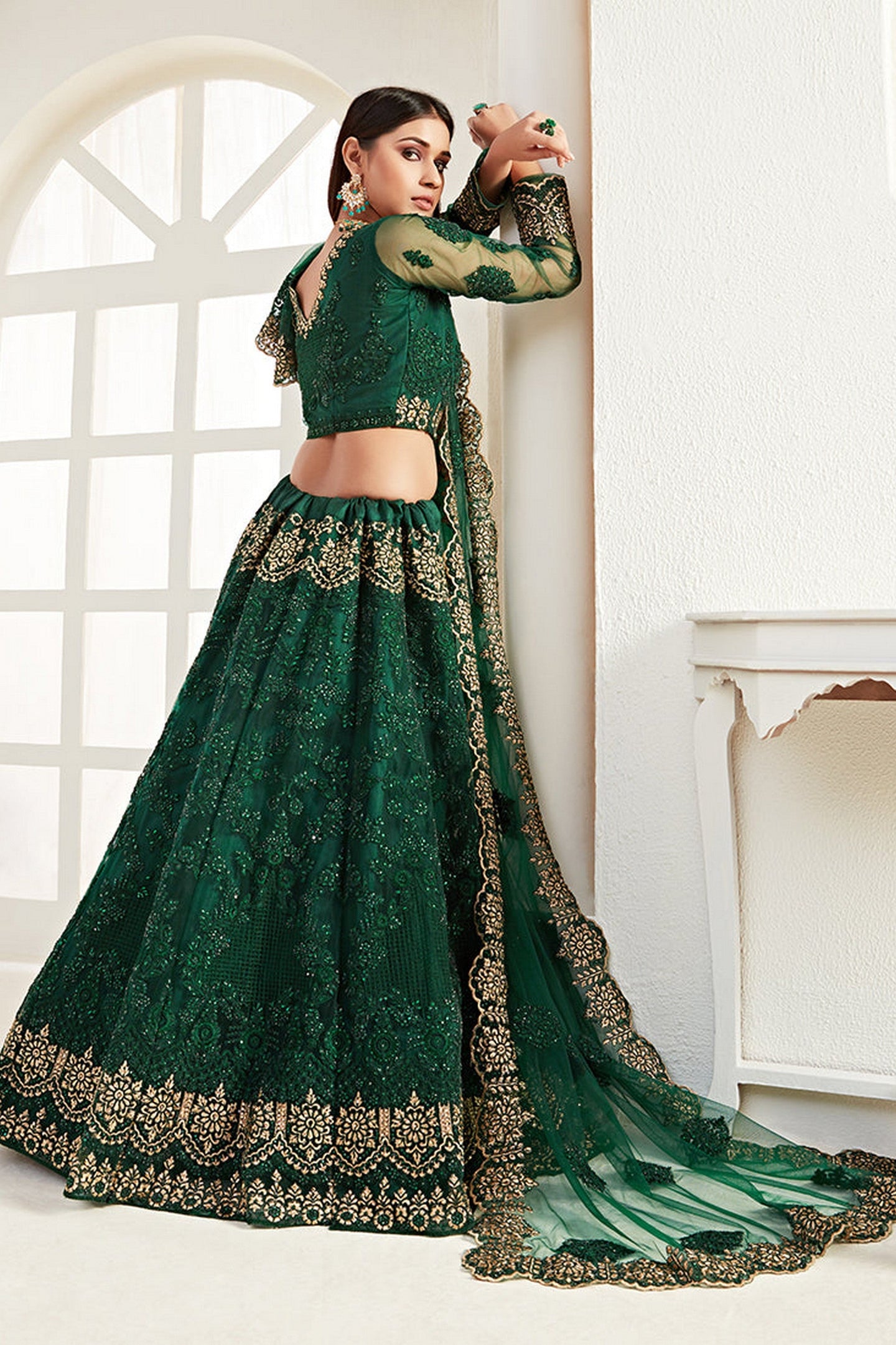 Green Pakistani Net Lehenga Choli For Indian Festivals & Weddings - Thread Embroidery Work, Codding Embroidery Work, Butta Work, Stone Work