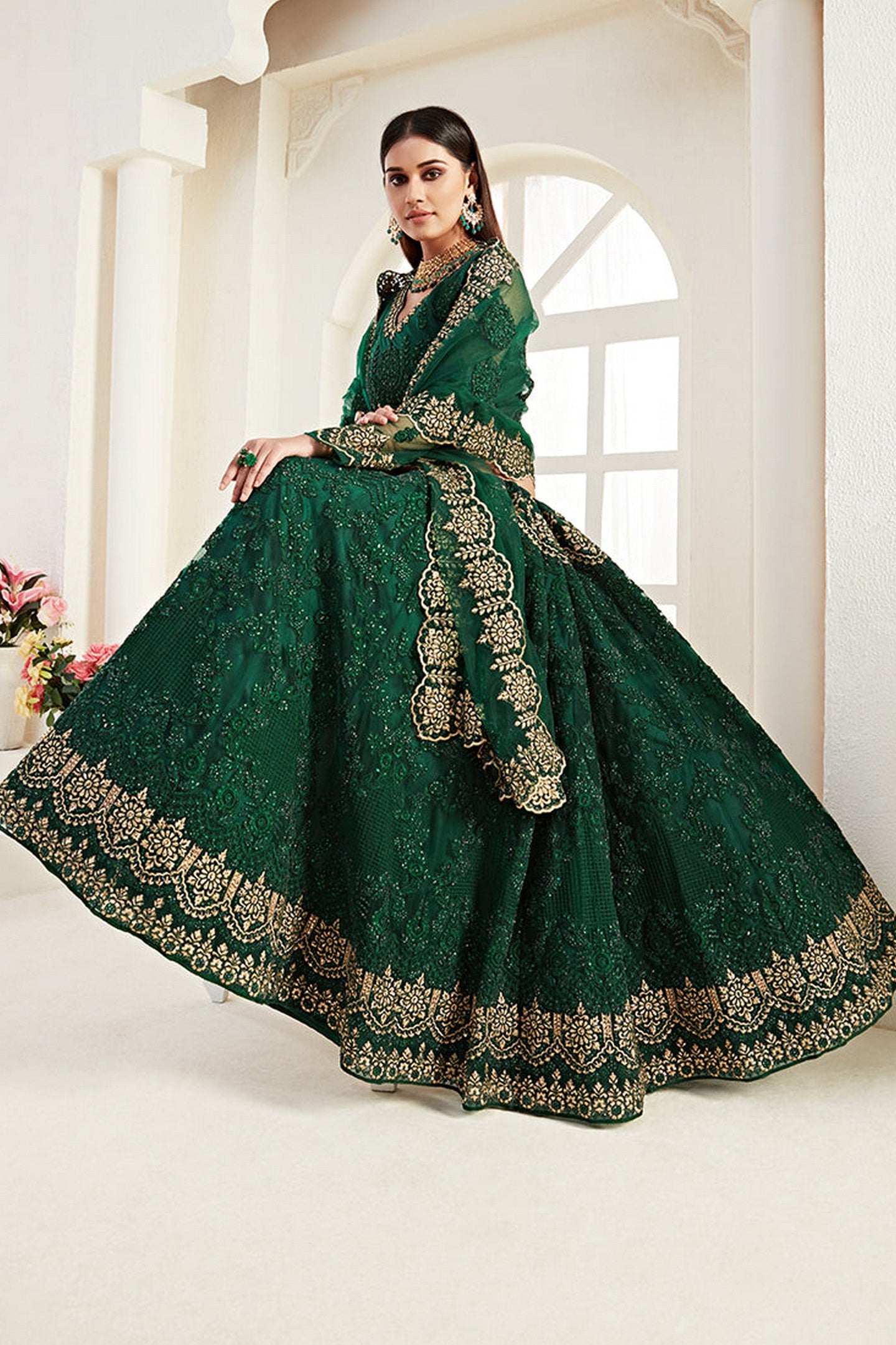 Green Pakistani Net Lehenga Choli For Indian Festivals & Weddings - Thread Embroidery Work, Codding Embroidery Work, Butta Work, Stone Work