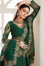 Green Pakistani Net Lehenga Choli For Indian Festivals & Weddings - Thread Embroidery Work, Codding Embroidery Work, Butta Work, Stone Work