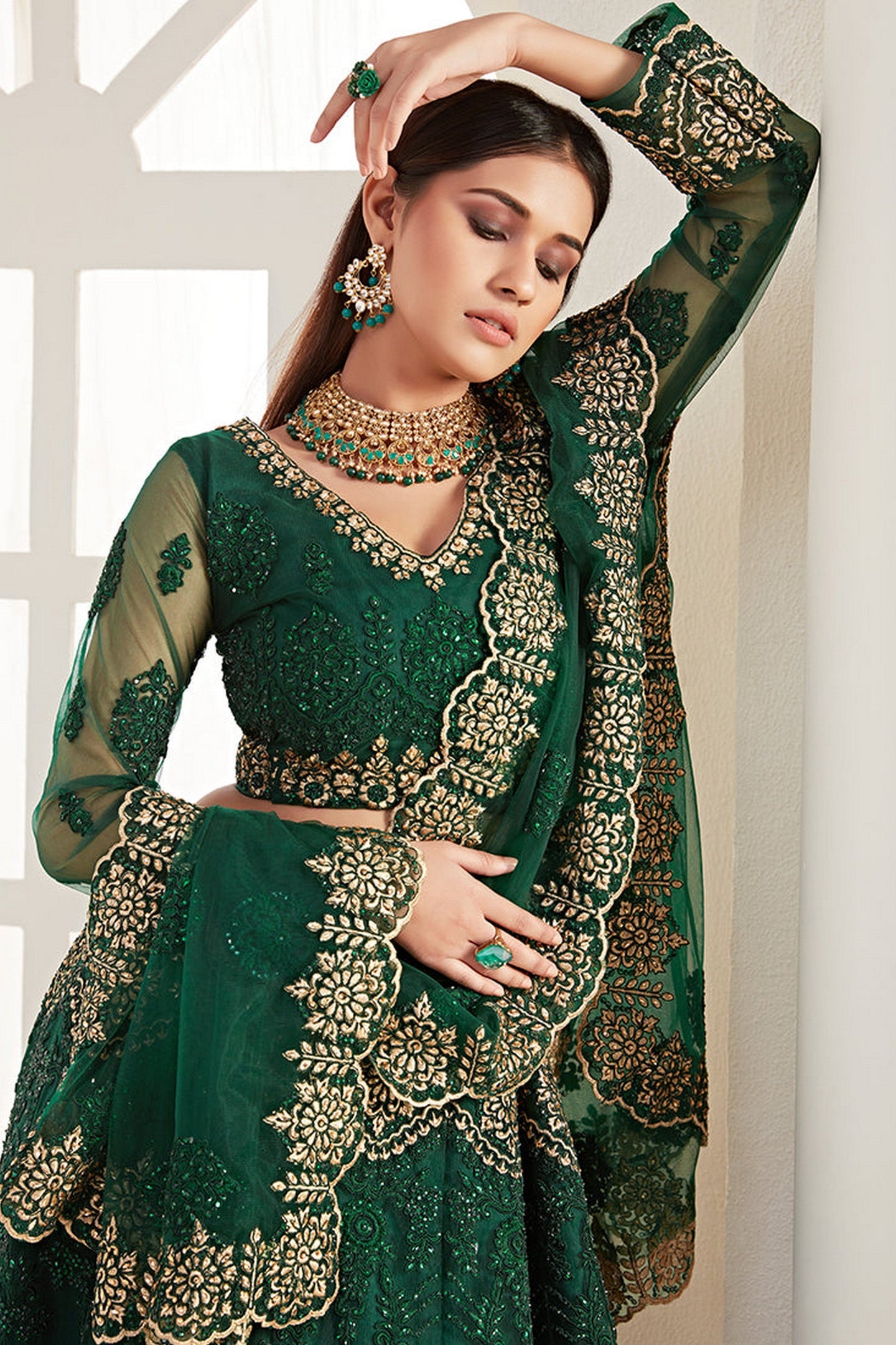 Green Pakistani Net Lehenga Choli For Indian Festivals & Weddings - Thread Embroidery Work, Codding Embroidery Work, Butta Work, Stone Work