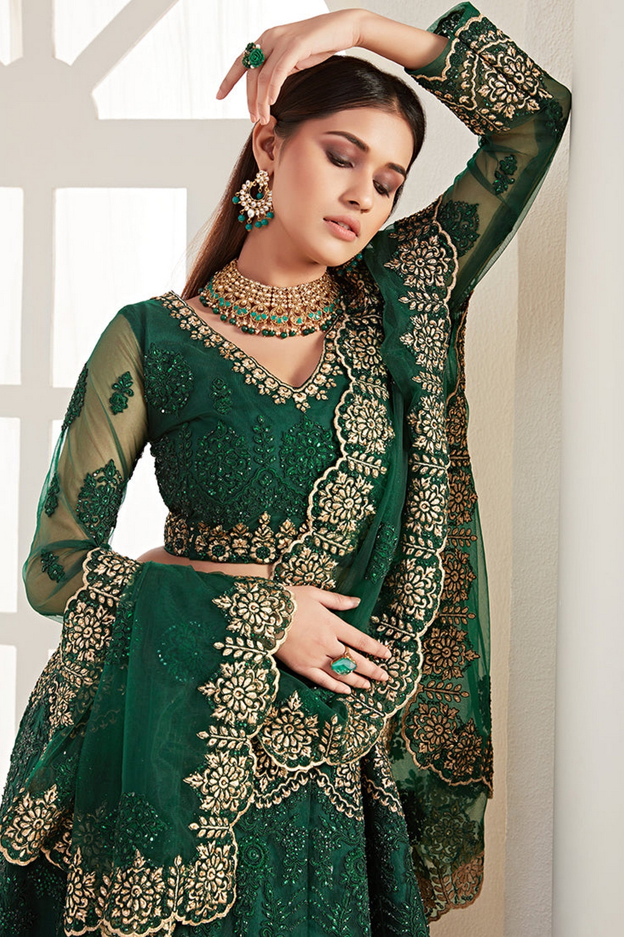 Green Pakistani Net Lehenga Choli For Indian Festivals & Weddings - Thread Embroidery Work, Codding Embroidery Work, Butta Work, Stone Work